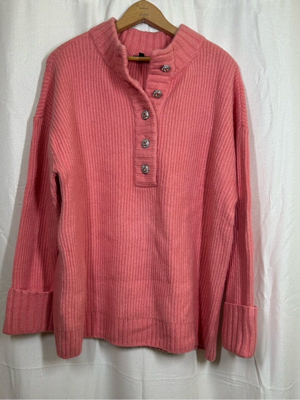 Talbots Wool Blend Coral Pink Ribbed Henley Sweater Embellished Buttons Sz 1X